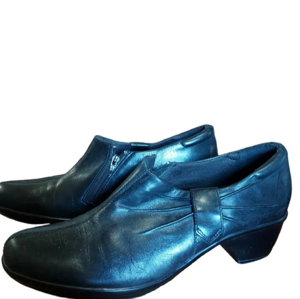 Clarks 10 Slipon Shoes Leather Black Comfort Heeled 2